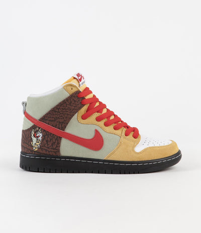 Nike SB Dunk High Pro 'Kebab and Destroy' Shoes - Topaz Gold / Chile Red - Fauna Brown - White - Black - Celadon