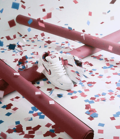 Nike SB x Parra Dunk Low OG Shoes - White / Pink Rise - Gym Red - Military Blue