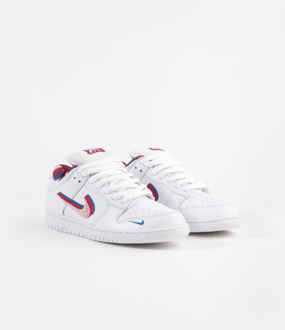 Nike SB x Parra Dunk Low OG Shoes - White / Pink Rise - Gym Red - Military Blue