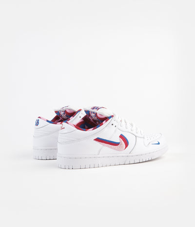 Nike SB x Parra Dunk Low OG Shoes - White / Pink Rise - Gym Red - Military Blue