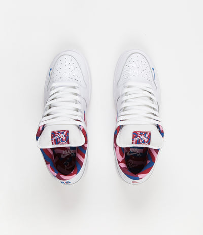 Nike SB x Parra Dunk Low OG Shoes - White / Pink Rise - Gym Red - Military Blue